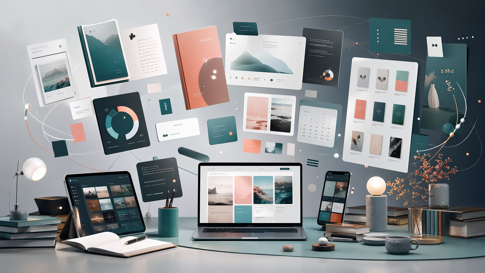 ISTATION platform scene with digital pages, data cards, and project boards